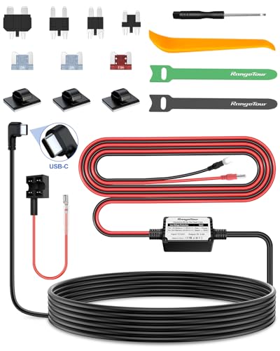 Range Tour Dashcam Hardwire Kit 4m USB-C, 12V-24V a 5V 2,5A Cavo rigido per caricabatterie auto Set di fusibili con 4 adattatori di alimentazione 3 fusibili per Dash Cameras