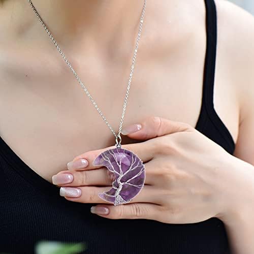 Amethyst Healing Crystal Necklaces Tree of Life Crescent Moon Pendant Crystal Necklaces for Women Amethyst Natural Quartz Full Wire Wrap Spiritual Witchcraft Reiki