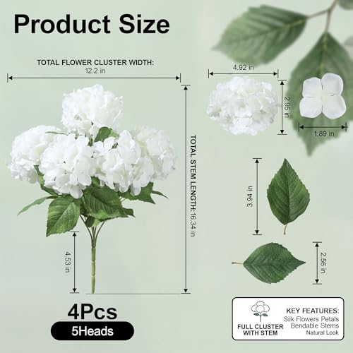 Ivydale Artificial Flowers for Outdoors, 4 PCS White Fake Silk Hydrangea Flower Stems for Bouquets UV Resistant Realistic Faux Plants Home Outdoor Wedding Party Centerpieces Decor image 3