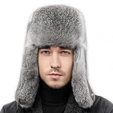 Trapper Hat Winter Ushanka Russian Hat Mens Women Fur Hat with 100% Rabbit Fur Aviator Ear Flaps Hat Windproof(XL,Grey)