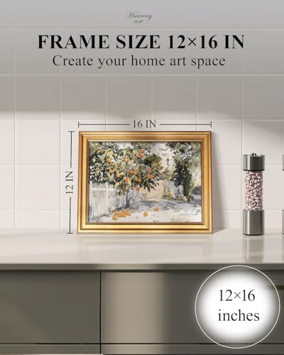 Image of HUARCEY Gold Framed Vintage Wall Art for Living Room Country Orange Trees Earthy Room Decor Aesthetic Oil Painting Wall Picture Farmhouse Canvas Print Artwork for Kitchen Bedroom Bathroom Decor 12x16