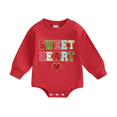 OikMombiu Infant Baby Girl Boy Valentines Day Outfit Embroidery Letter Print Sweatshirt Romper Bubble Onesie Spring Clothes(Sweet Heart Red, 6-12 Months)