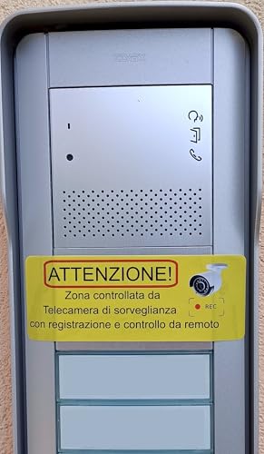 Adesivo in italiano avviso casa area videosorvegliata giallo, segnalazione telecamera, zona video sorvegliata, porta, vetro, campanello 10x4 cm
