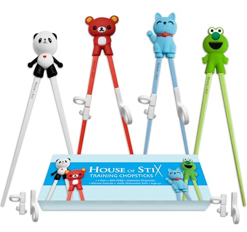 Image of Kids Training Chopsticks for Toddlers, Kids and Adults with 4 Pairs of Removable Finger Helpers, Animal Design, BPA-Free, Dishwasher-Safe (Animals 4-Pack)
