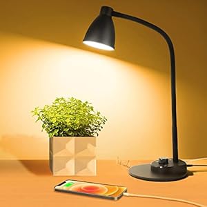 Lampe de Bureau LED, Lampe de Table en Métal avec Port de Charge USB/ 3 Modes d’Éclairage & 18 Niveaux de Luminosité/ Flexible à 360°/ Capteur de Lumière, Lampe de Lecture pour Étude et Travail, Noir