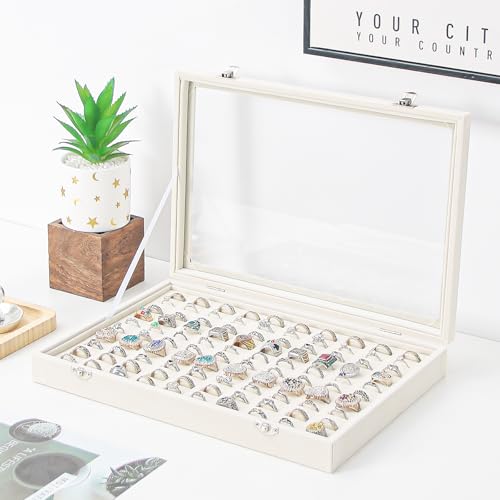 Coward Ring Organizer Jewelry Box, Beige Velvet 100 Slots Ring Display Tray Case with Transparent Glass Lid for Home Use or Store Selling Show by Coward - Used condition - Image 3