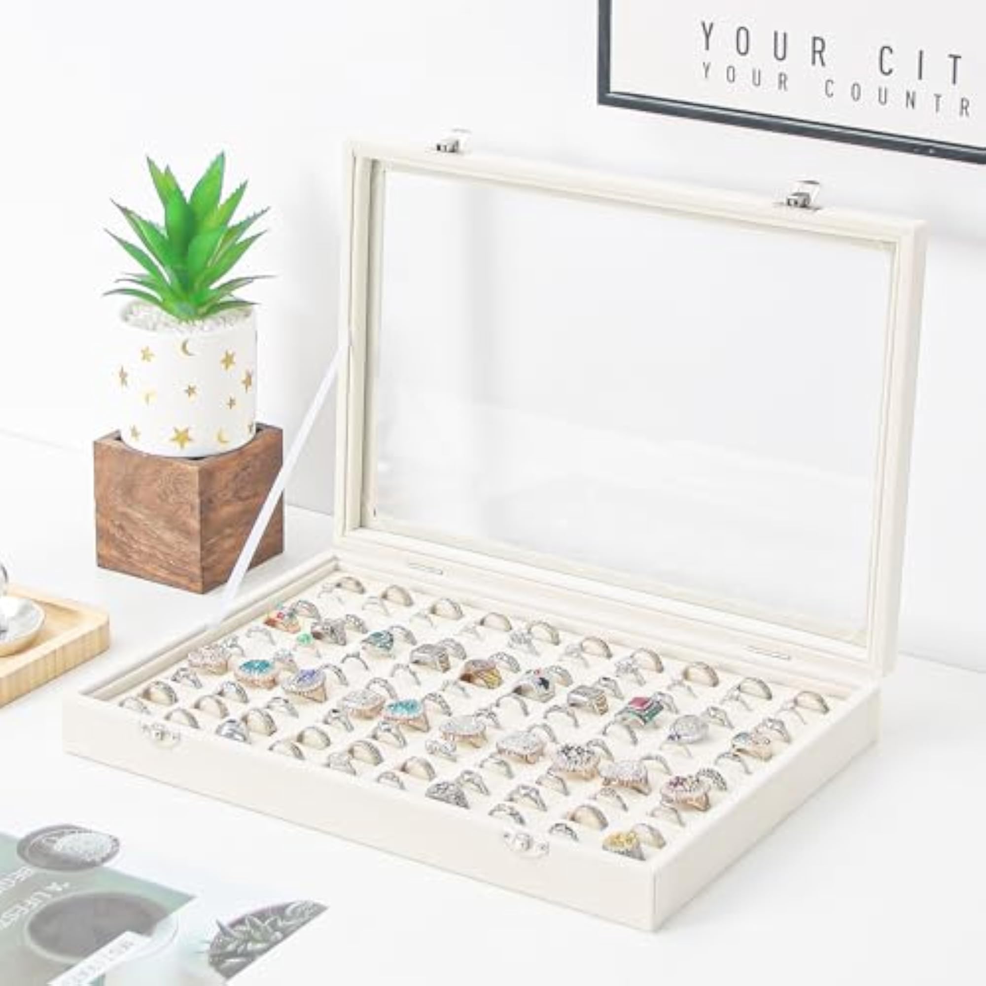 Beige Velvet Ring Organizer Box with 100 Slots
