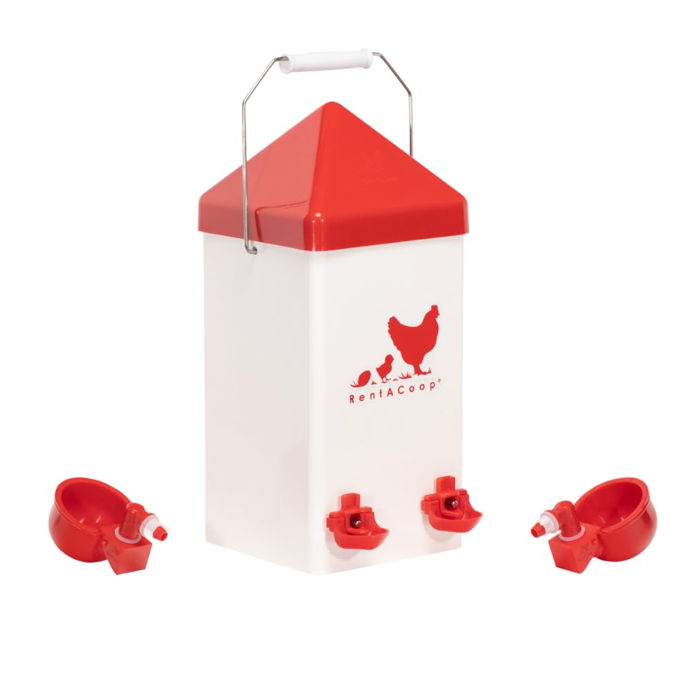RentACoop 1 Gallon PVC Chicken Waterer with 2 Auto-Fill Cups, Horizontal Nipples and Anti-Roost Cone - Suitable for Chicks, Chickens, Quails, Pigeons