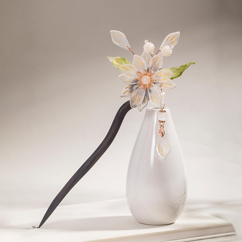 Lotus Flower with Pearl Tassels Hairpin Chinese Hanfu Style Hair Fork Retro Flower with Wood Handmade Hair Clip Hair Accessories for Women Girls Long Hair (Lotus flower)