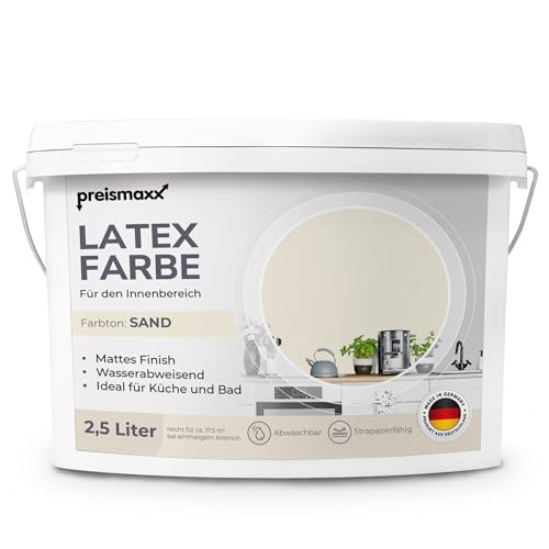Preismaxx Latexfarbe sandgelb matt 2.50 l abwaschbare Wandfarbe für Innen Küche Badezimmer streichen hohe Deckkraft & strapazierfähig leicht zu reinigen Deckkraftklasse 2 Nassabriebklasse 2