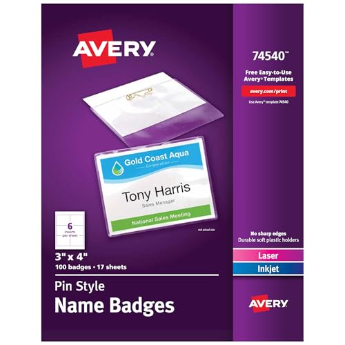 Image of Avery Customizable Name Badges, Pin Style, 3 inch x 4 inch, Clear Name Tag Holders, White Laser /Inkjet Printable Inserts, 100 Total (74540)