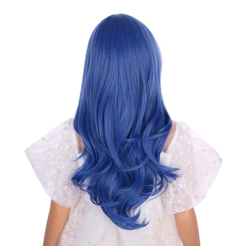 Image of Girls Dark Blue Wig Kids Long Deep Blue Wavy Curly Wig Child Middle Part Wigs Heat Resistant Synthetic Hair with Cap