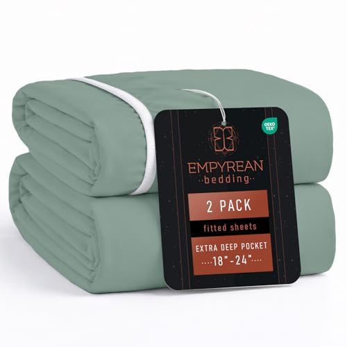 Empyrean 2 Pack Sage Green Extra Deep Pocket Twin Fitted Sheet Kids, Hotel Luxury Twin Size Fitted Sheet Only Easily Fits 18 to 24 Inch Mattress, Super Soft, Wrinkle-free Bed Sheets with Corner Straps