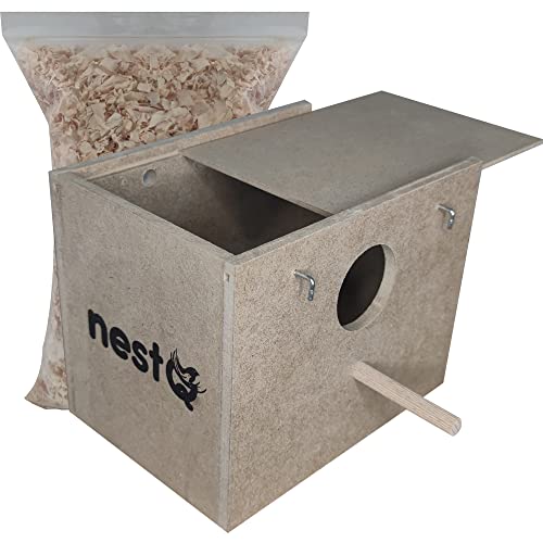 nestQ Nido per parrocchetti con trucioli per letto, casetta di allevamento in legno per uccelli, con ganci per gabbie per uccelli, 19 x 15 cm x 13,5 cm