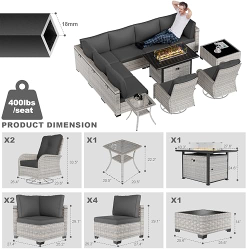 Image of 11-Piece Patio Furniture Set, Outdoor Patio Furniture with 55,000 BTU Fire Pit Table, Swivel Chairs Set, Thick Cushions, Modular Patio Sofa, Dual-Strand Wicker Rattan, Rust-Resistant Frame, Black