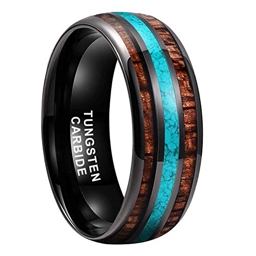 iTungsten 8mm Black Tungsten Rings for Men Women Wedding Bands Turquoise Granules Koa Wood Inlay Domed Polished Comfort Fit