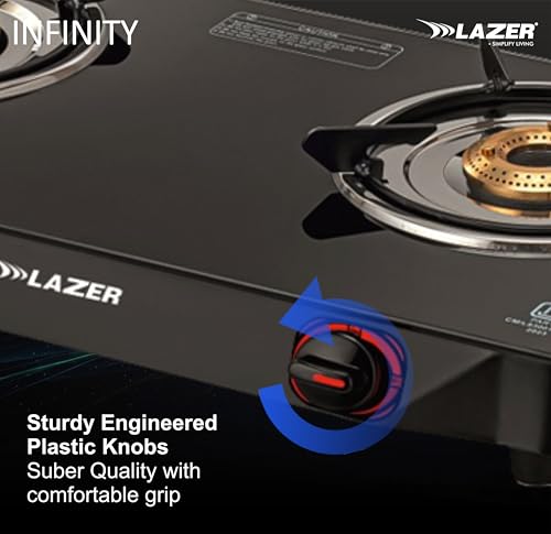 Image of Lazer Infinity Slim Toughened Glass ISI Certified, Brass Manual gnition Stove Ergonomic Knob with 1 Year Warranty Pan India Service (Black)