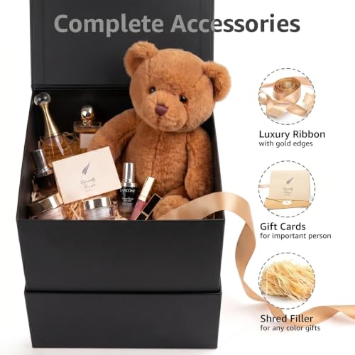 Image of LIFELUM Square Gift Box with Magnetic Lid, Card, Sticker, Ribbon, Shredded Paper Filler for Business, Wedding, Birthdays (Black, square - 10.2 inch, 1 count (Pack of 1))
