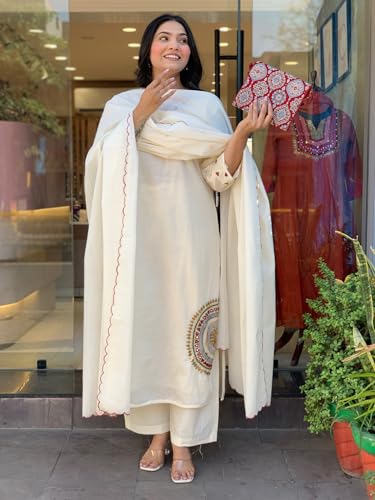 Image of GoSriKi Women Viscose Straight Kurta with Palazzo and Dupatta | Embroidered Kurta Set for Women | V-Neck Straight Ethnic Kurta Palazzo Outfit for Casual Festive & Party