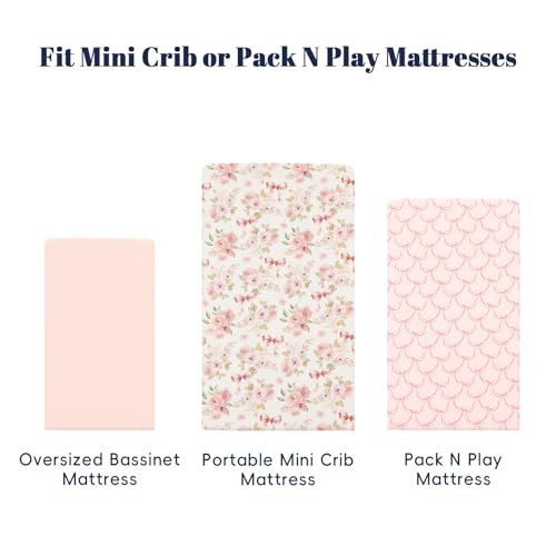 Image of PHF 3 Pack Soft Mini Crib Sheets, Floral & Bow Pack N Play Sheets for Baby Boys Girls, No Slip Universal Fit for Pack N Play, Playard, Portable and Mini Crib Mattresses,Floral & Bow