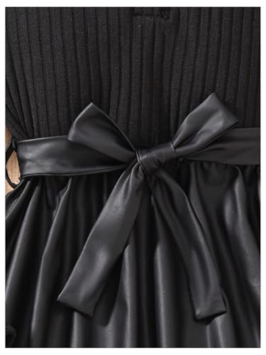 SHENHE Girl's Ribbed Long Sleeve PU Leather Patchwork Belted A Line Flowy Skater Dress4