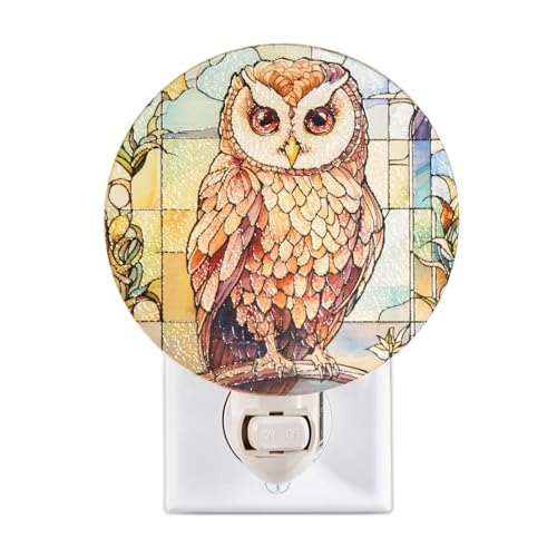 Image of Owl Night Light - Stained Glass Styled Plug-in Wall Light for Vertical Outlets - Real Glass, Warm Glow for Bedroom, Bathroom, Hallway - Cottagecore