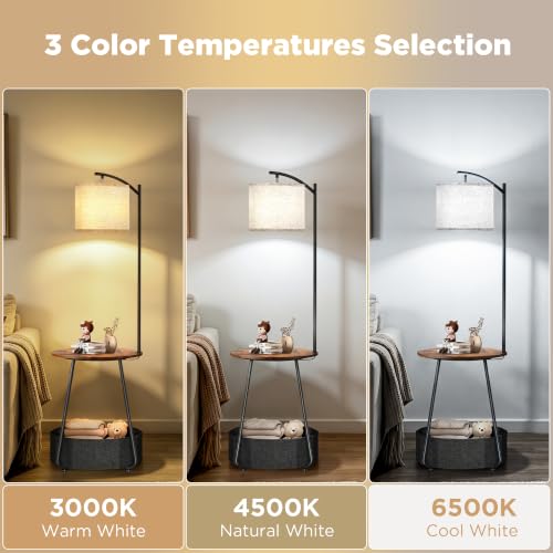Image of LUTEC Floor Lamp with Table, Night Stand with Lamp, Round SideTable with Fabric Basket, 3 Color Temperatures 9W LED Bulb, Modern End Table for Bedroom, Living Room, Rustic Brown
