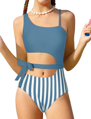 Girls One Piece Swimsuits One Shoulder Stripe Bathing Suit with Ruffle Mesh Skirt Side Tie Cut Out Swimwear 9-16Y