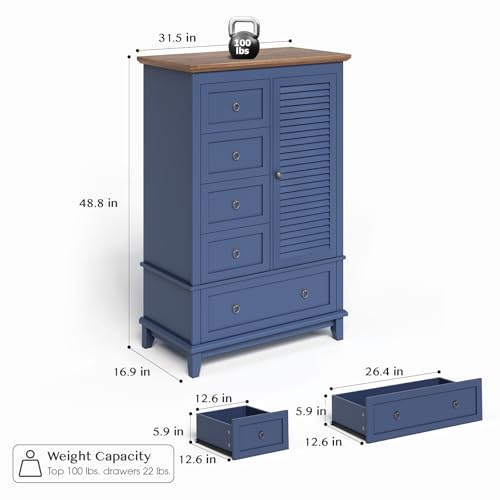 Farmhouse-5-Drawer-Dresser-for-Bedroom5-Drawer-Dresser-with-Storage49-Tall-Modern-Dresser-with-Metal-HandlesRustic-Chest-of-DrawersLarge-Wood-Drawer-Organizer-for-BedroomLiving-RoomHallwayBlue Farmhouse 5 Drawer Dresser for Bedroom5 Drawer Dresser with Storage49 Tall Modern Dresser with Metal HandlesRustic Chest of DrawersLarge Wood Drawer Organizer for BedroomLiving RoomHallwayBlue