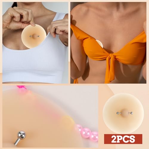 Tweruna Nippelpads Silikon Brustwarzenabdeckungen mit Piercing, Nipple Pads, Wiederverwendbare Brustwarzenabdeckung mit Stahlpiercings für Frauen, wasserdichte Hautfarbene