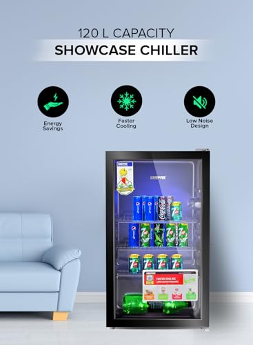 Geepas 120 L Showcase Chiller- GSC1223| Quick Cooling with Low-E Glass Door| Low Noise and Low Voltage Consumption, Equipped with Wire Shelves| 1 Year Warranty, Black