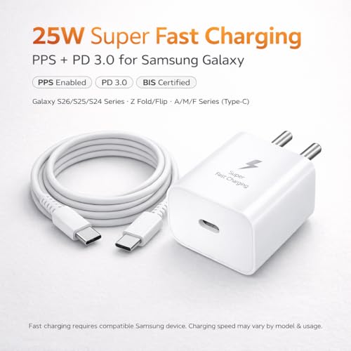 Image of 25W Charger for Samsung with Type C Cable | Super Fast Charging for Galaxy S26 /S25 Ultra, S24 FE, A56 /A36, M15 5G /M17 /M55, F15 /F55 /Z Fold & S /A /M /F /Z Series - BIS Certified