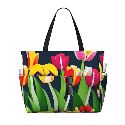 Large Capacity Beach Bag Waterproof Pool Tote for Gym Swimming Camping Carry On Bag Colorful Tulips pattern Print
