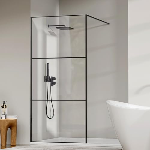 Findepot Fixed Shower Glass Panel 36' W × 75' H, 1/5'(5mm) SGCC Clear Tempered Glass Shower Door, Framed Bathroom Shower Screen, Matte Black, Adjustable Support Bars & 3 Pieces Divided Pattern