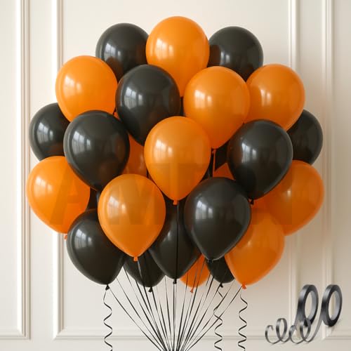 Image of AMFIN (Pack of 50) Halloween Party Balloons | Orange, Black Latex Balloons | Spooky Party Decorations for Birthday, Halloween, Events & Celebrations