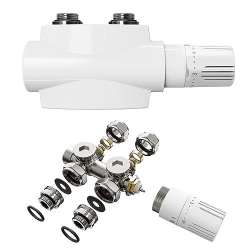 Meykoers Multiblock Heizkörper Set, Ventilhahnblock mit Thermostat Universal Eck- und Durchgangsform, Ventil-Armaturen Mittelanschluss für Badheizkörper (Weiß mit Weißer Schutzhülle 1 Stück)