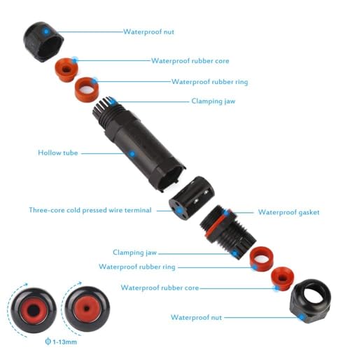 Kabelverbinder Wasserdicht IP68, Verbindungsmuffe Erdkabel Verbindungsbox 3-polig für Ø3-12 mm Kabeldurchmesser, Verteilerdose Abzweigdose Außen Wasserdicht, 4 Stück Schwarz
