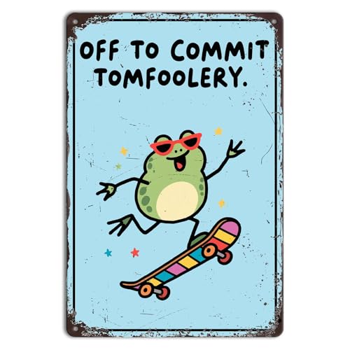 Funny Frog Wall Decor for Teens and Frog Lovers – Off to Commit Tomfoolery Metal Sign for Bedroom, Dorm, Game Room or Garage – Whimsical Animal Tin Sign with Skateboarding Frog – Playful Retro Vibe 8x12 Inch