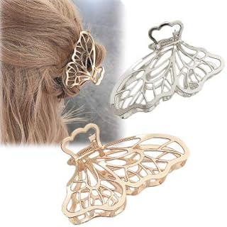 LYDZTION 2 PACK Metal Hair Claw Clips for Women,Large Butterfly Hair Clip Hair Claw Banana Clips Barrette Claw Clamp Hair Jaw Clips for Girls and Women (Silver + Gold)