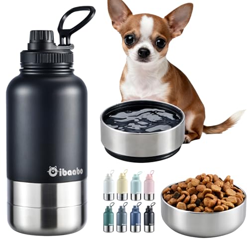 Cibaabo Insulated Dog Water Bottle with 2 Bowls 32oz Travel Stainless Steel Double Wall Thermos Portable Pet Dispenser Gifts for Puppy Small Medium Dogs Walking Hiking and Camping