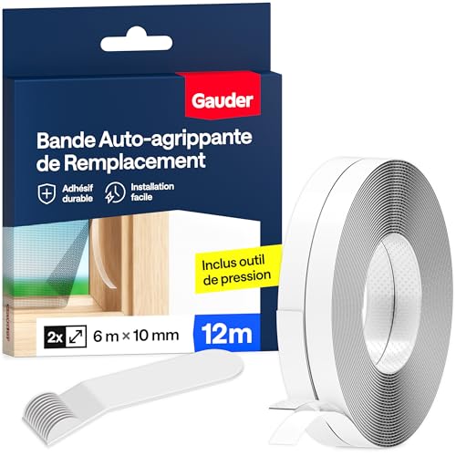 GAUDER Bande Auto-Adhésive à Scratch pour Moustiquaires en Polyester (12 m) | Fixation Forte pour Moustiquaire Fenêtre | Ruban Adhésif Transparent pour Filet...