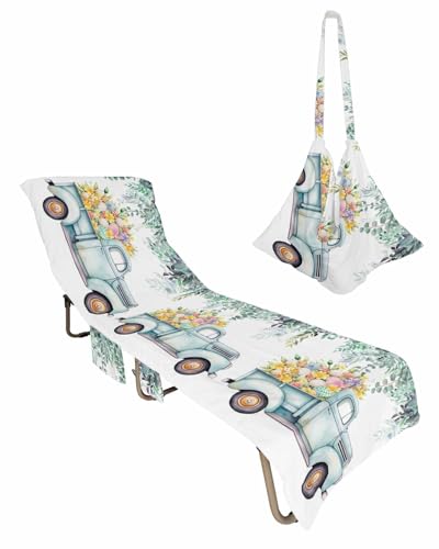 Easter Day Beach Chair Towel Covers for Chaise Lounge with Side Pocket, Soft Plush Pool Towels Cover for Patio Sunbathing Outdoor 29''x85'' Farm Truck Eggs Sweeping Eucalyptus Leaves