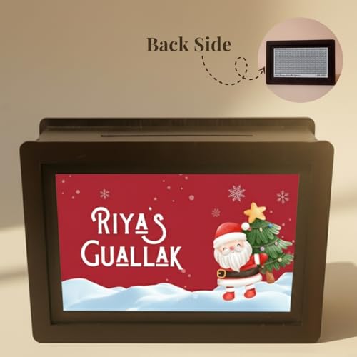 Image of Personalised Christmas Theme Wooden Piggy Bank | Custom Name MDF Gullak Money Saving Box 9x5.5 Inch | Secret Santa Gift for Kids, Brother, Sister, Son, Daughter