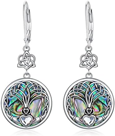 SEIYANG Sterling Silver Irish Celtic Earrings, Claddagh / Tree Of Life / Triquetra Trinity Celtic Knot Leverback Dangle Drop Earrings for Women Vintage Round Lucky Irish Celtic Jewellery
