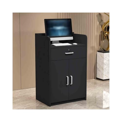 Mostrador de recepción moderno color nogal claro y gran armario de almacenamiento integrado