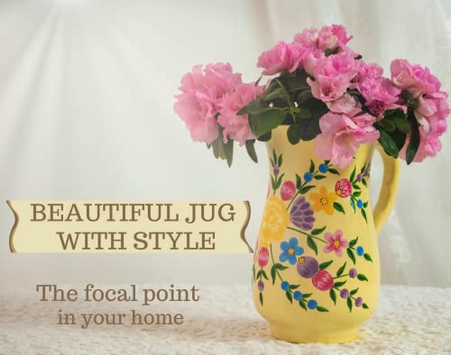 Hand Painted Stainless Steel Water Pitcher - Large Metal Water Jug, For Cold Drinks, Floral Design Beverage Carafe For Entertaining & Home Decor. 8” Height, 1 Quart Decorative Vase. (Cream) #TOP7