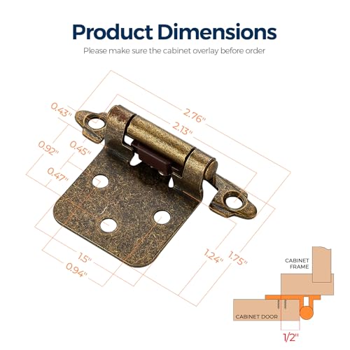 Image of Ravinte 50 Pack (25 Pairs) 1 /2 inch Overlay Cabinet Hinges, Self-Closing Semi-Concealed Face Mount, Antique Brass Decorative Hardware with Door Bumpers for Kitchen & Cupboard Doors