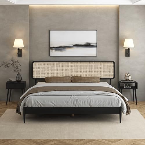 Image of NTC Lupin Wooden Bed Frame with Headboard and Natural Rattan, Solid Oak Foundation with Silent Slats, 1000 Lb Capacity, Effortless Assembly, King - Burnt Black