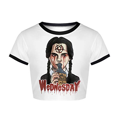 Plustrong Womens Short Sleeve Punk Skull Printed Rave Crop Tops Cropped Summer T-Shirts Gothic Clothing (Bloody Wednesday 003, M)