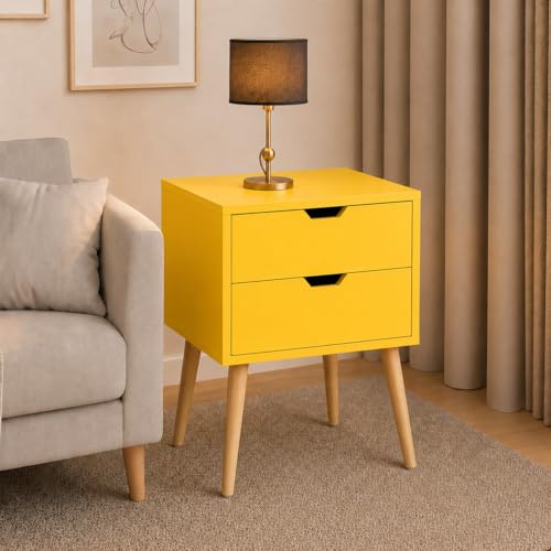 Image of Night Stand,End Table for Bed Nightstand with Drawers, Side Table with Storage, Solid Wood Table Legs,A Shaped Suitable for Small Spaces, Living Room, Bedroom, White (Yellow)